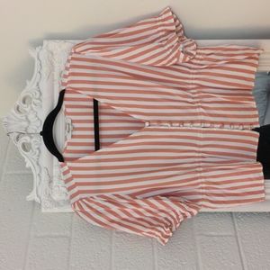 Madewell, coral pink, striped baby doll blouse, Size L